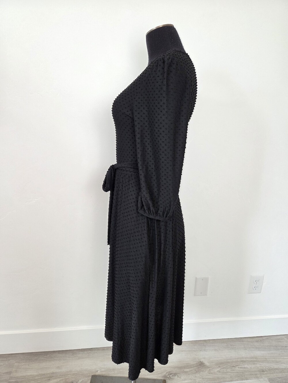 Black Swiss Dot Midi Dress Modest Monochrome Preppy Teacher Church Small Reborn - Picture 3 of 10